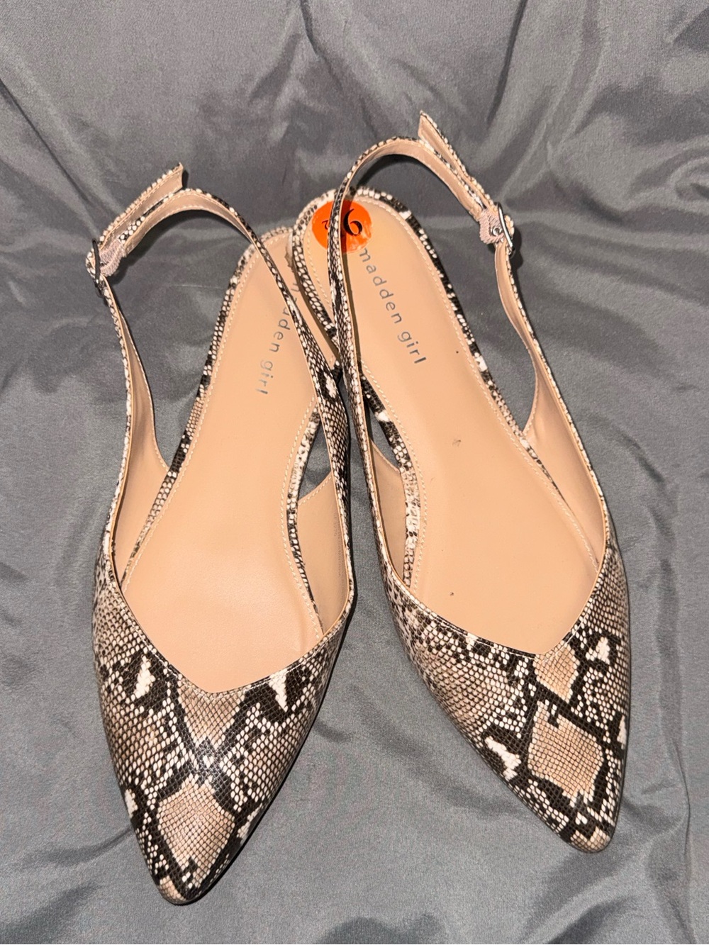 Madden Girl Beige and Black Snake-Print Slingback Flats